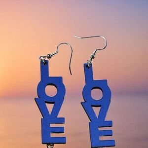 Vibrant Blue LOVE Dangle Earrings with Geometric Design